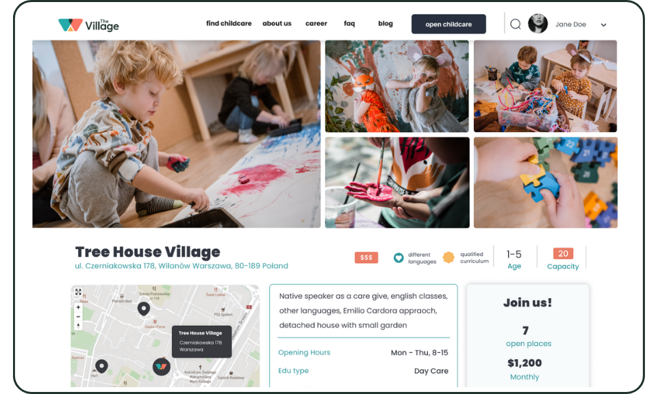 BLISKO marketplace listing: Tree House Village nursery in Warsaw.