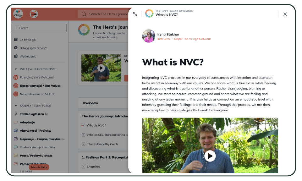 BLISKO community and curriculum web app showing a lesson on non-violent communication.